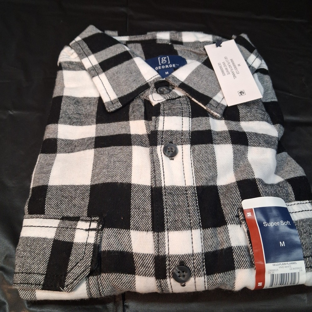 George Flannel Shirt Mens M GE LS PLAID FLANNEL White Black Button Down NEW